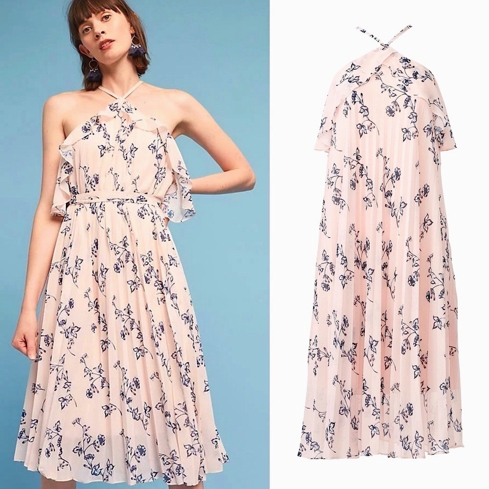 Anthropologie Shoshanna Pink Floral Flutter Halter Midi Dress | 10
